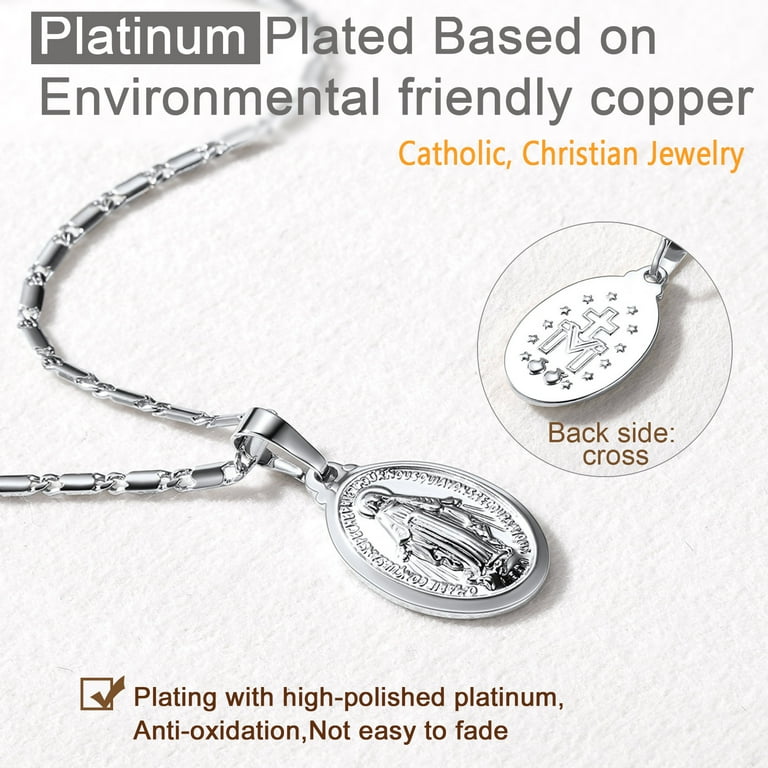 U7 Holy Virgin Mary Medal Silver Necklace for Womens Girls Lady of Guadalupe Pendant Miraculous Catholic Christian Jewelry Cross Chain