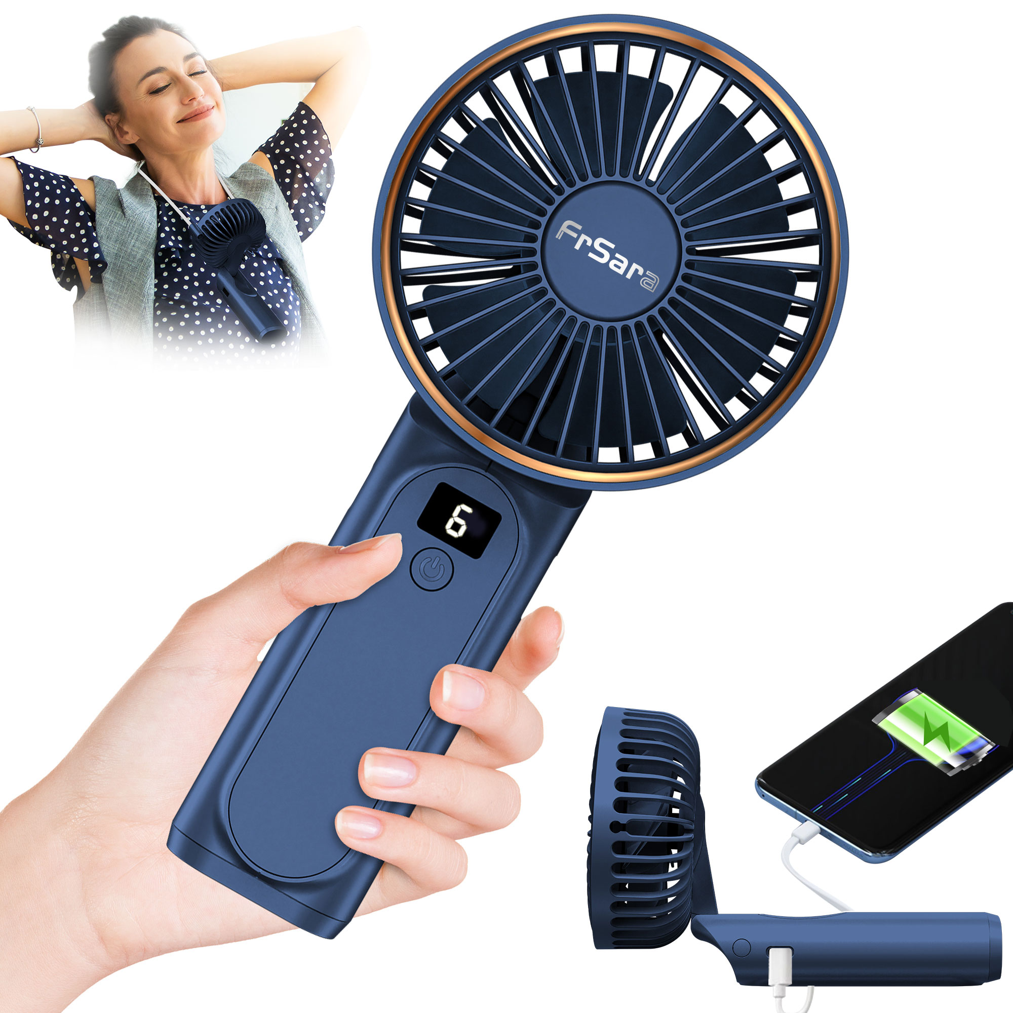 FrSara Portable Handheld Mini Fan, Neck Fan, 4000mAh Desk Fan, 180° Adjustable, 6 Speed Wind, Display Electricity in Real Time, USB Rechargeable Foldable Fan, Quiet Personal Fan with Power Bank - Blue - image 3 of 10