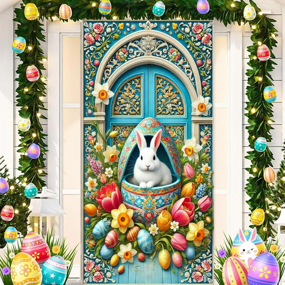 Yaoyar Happy Easter Door Cover Bunny Banner Large Fabric Colorful Spring Welcome Decoration for Easter Party Photo Booth Background Favor Supplies