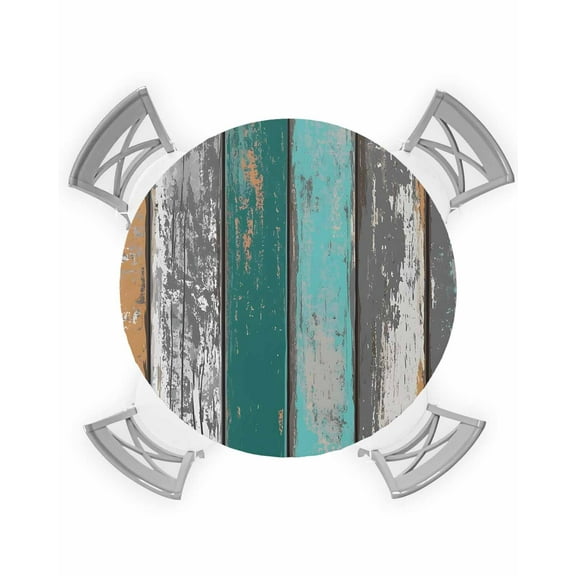 nqOlkjepod Teal Orange Grey Round Tablecloth, Fitted Table Cover with Elastic for 45"-54" Round Tables, Farmhouse Vintage Wooden Table Cloth Outdoor Indoor Dinning Party Waterproof Tablecloths
