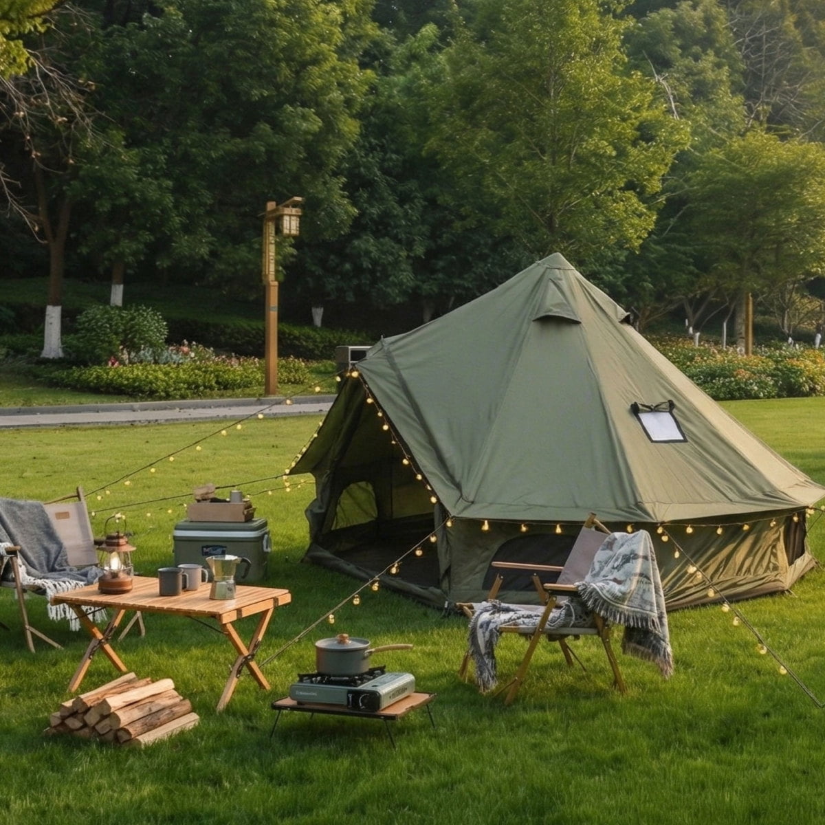 LuckyNote 4 Season Bell Tent 9.8 FT, Green Waterproof Glamping Yurt Tent with Stove Jack, Fits 4 People Family Camping, Green
