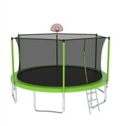 14FT Trampoline for Kids and Adults,Outdoor Large Recreational Trampoline with Ladder and Basketball Hoop,Green