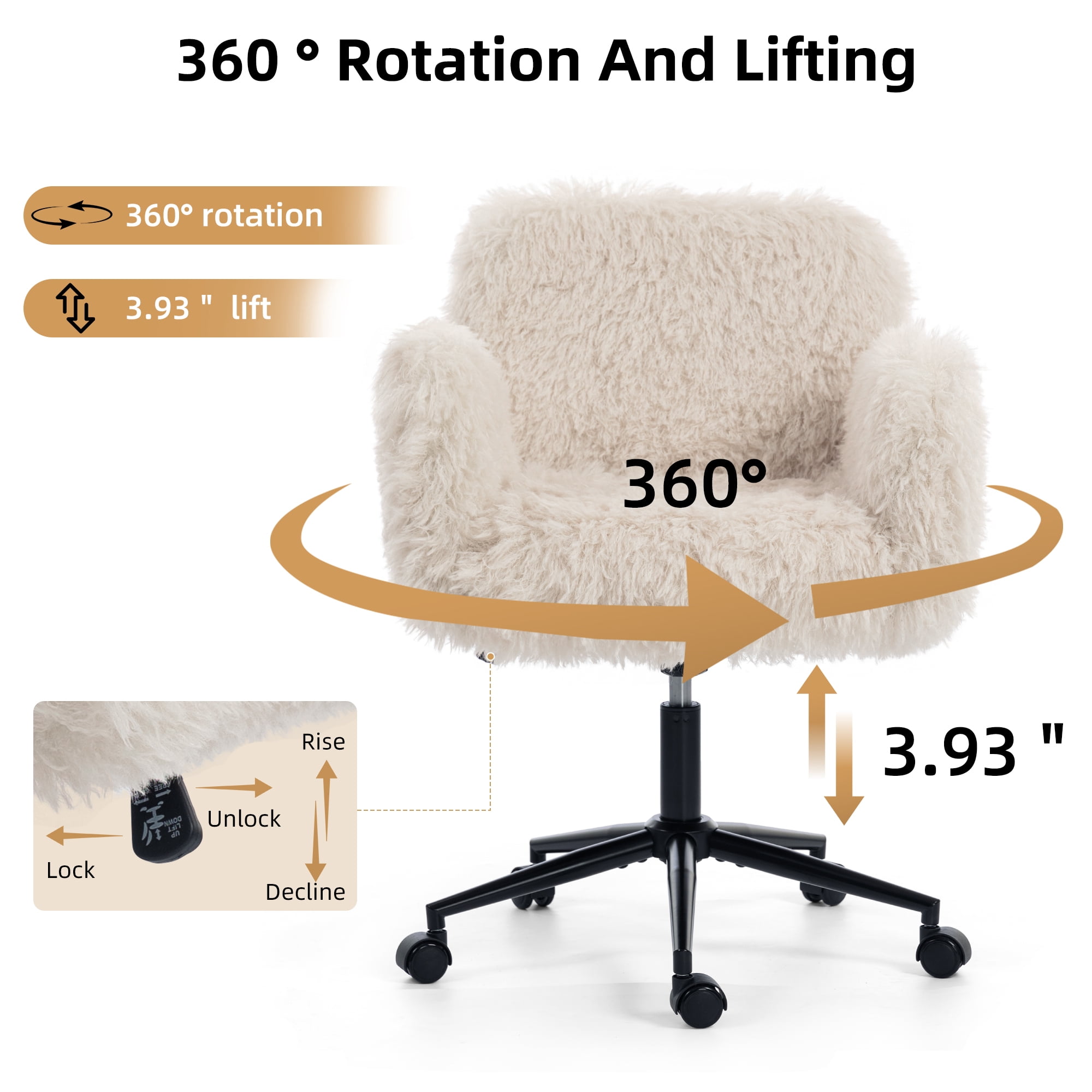 Jopath Criss Cross Chair with 5-Gear Adjustable Armrests and Wheels, Ergonomic Thickened Backrest Swivel Desk Chair for Home Office Vanity Bedroom and Living Room Beige Lamb Wool