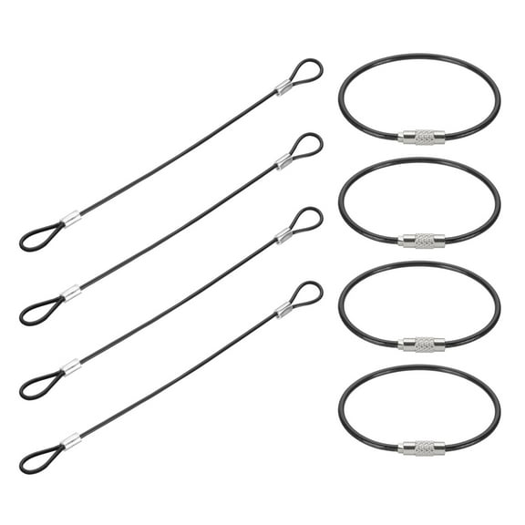 0.6Ft(8 Inch) Safety Cable Lock, 4 Pcs 0.08 Dia Braided Stainless Steel Coated Security Cable Luggage Lock Wire Rope with Double Loop for Luggage Bicycles Doors Packages, Black