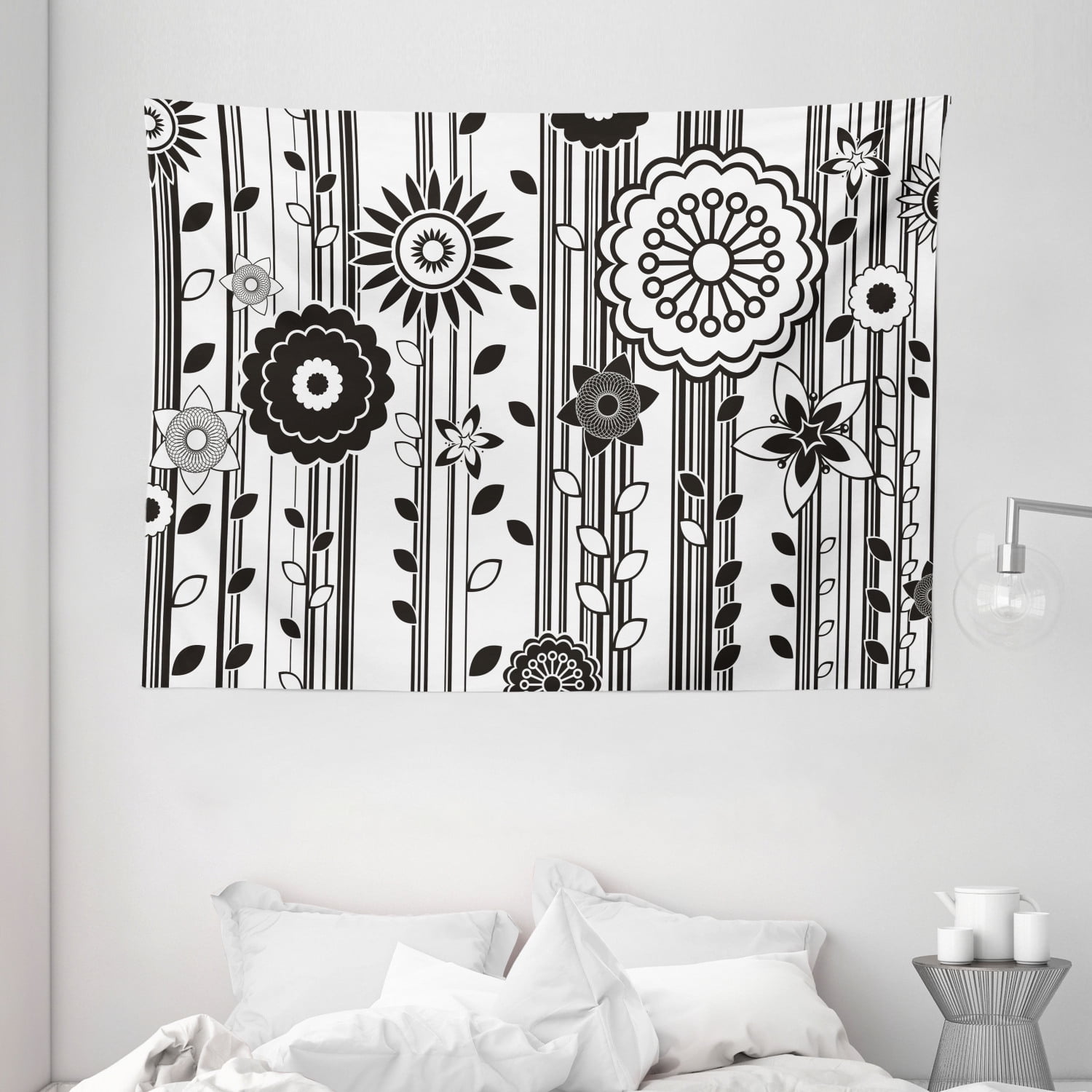 Black and White Tapestry, Monochrome Funky Blossoms Abstract Pattern