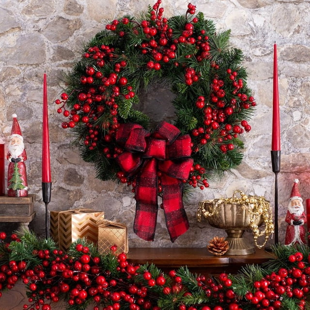 Décoration de Bague Mélangée Baies Rouges Couronne de Noël avec Nœud à Carreaux Rouges pour Décoration de Porte d'Entrée, 35cm 1Pcs JASKFLY
