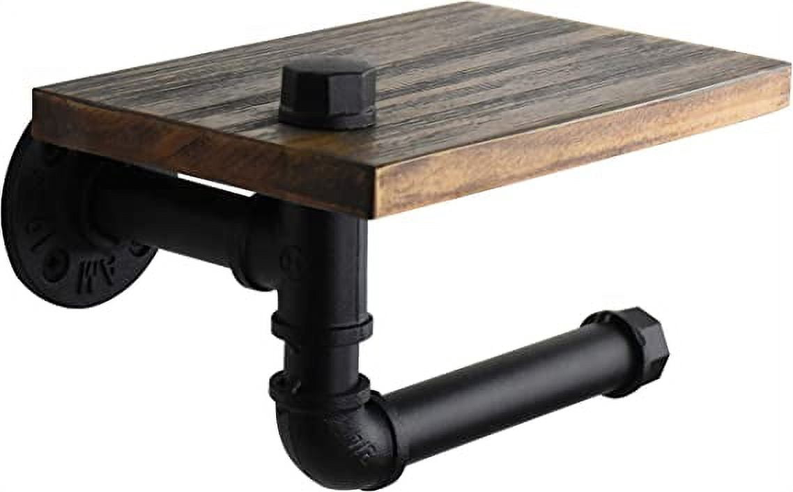 Nvzi Rustic Toilet Paper Holder Pipe with Shelf Industrial Toilet Roll Holder Wall Mount Farmhouse Wooden Toilet Tissue Paper Holder for Bathroom(Black)