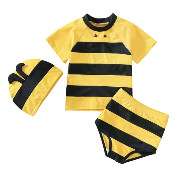Tiijoy Girls Cute Bee Swimsuit UPF 50 Bathing Suit Swimwear with Hat, 3-Piece