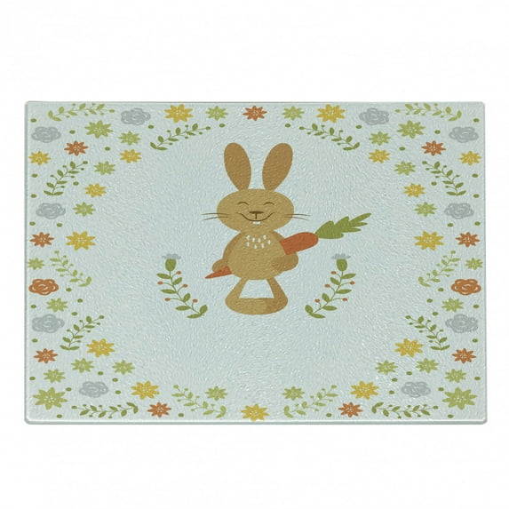 Funny Cutting Board, Summer Illustration with Smiling Little Rabbit Carrots and Flowers Happy Bunny, Decorative Tempered Glass Cutting and Serving Board, Small Size, Multicolor, by Ambesonne