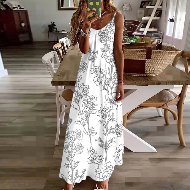 TaTaai Women Casual Printed Round Neck Spaghetti Strap Long Dress Ankle-Length Comfortable Lightweight Stylish Daily Work Vacation Wear Gift