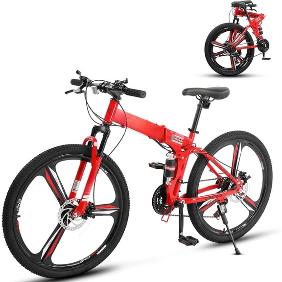 26" Foldable , 21 Speeds Folding Bikes for Adults, for Men & Women with Full-Suspension, Double-Walled Tire, Disc , Quick Release and Wheel Look
