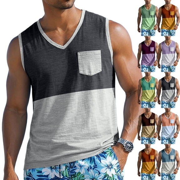 Sleeveless Shirts for Men Mens V Neck Tank Tops with Pocket Color Block Muscle Workout Gym T Shirts Summer Casual Beach Tee Dark Gray 2XL