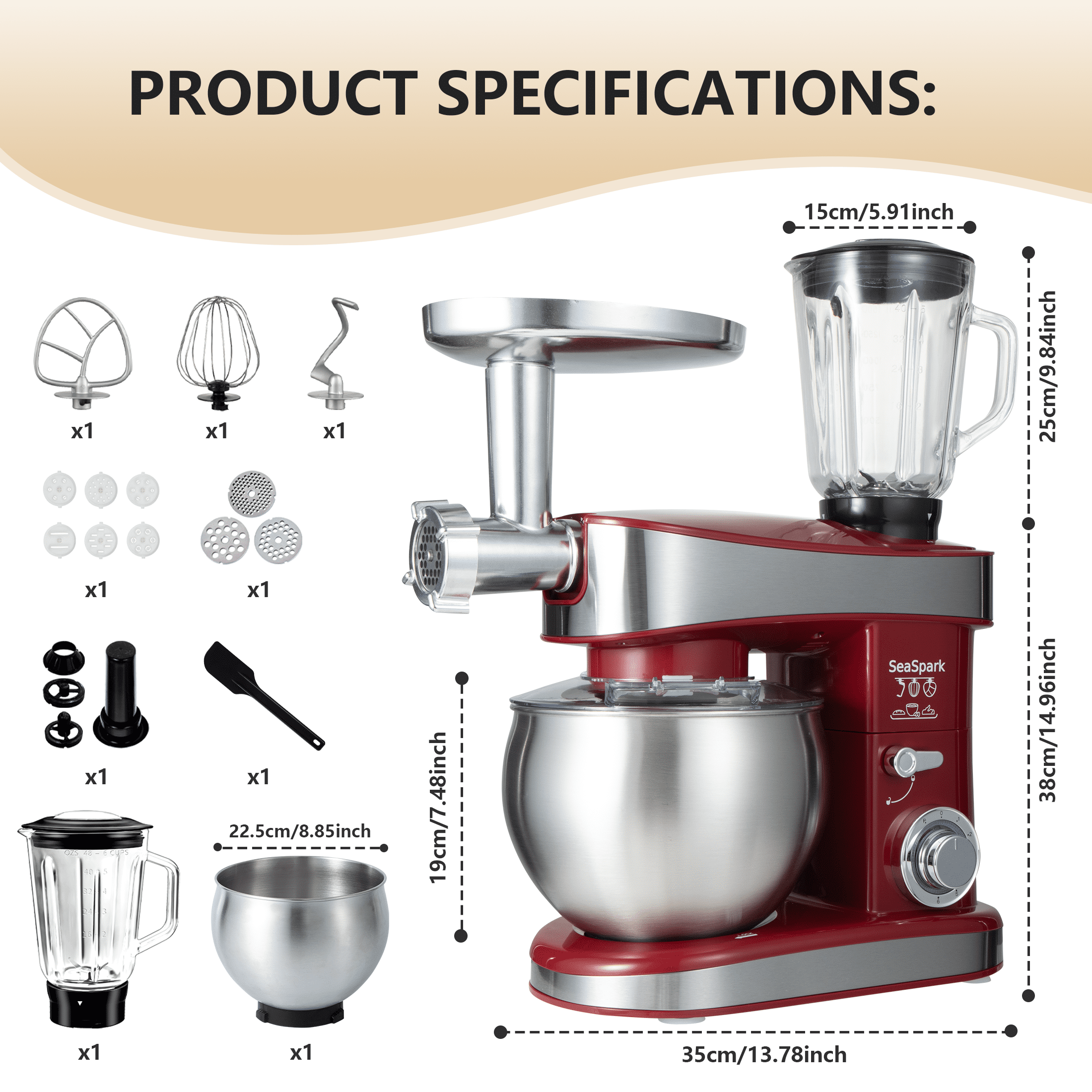 SeaSpark 6-in-1 Multifunctional Stand Mixer 6.3 QT 6-Speed Electric Kitchen Mixer with Bowl, Juicer & Meat Grinder, 400W Red