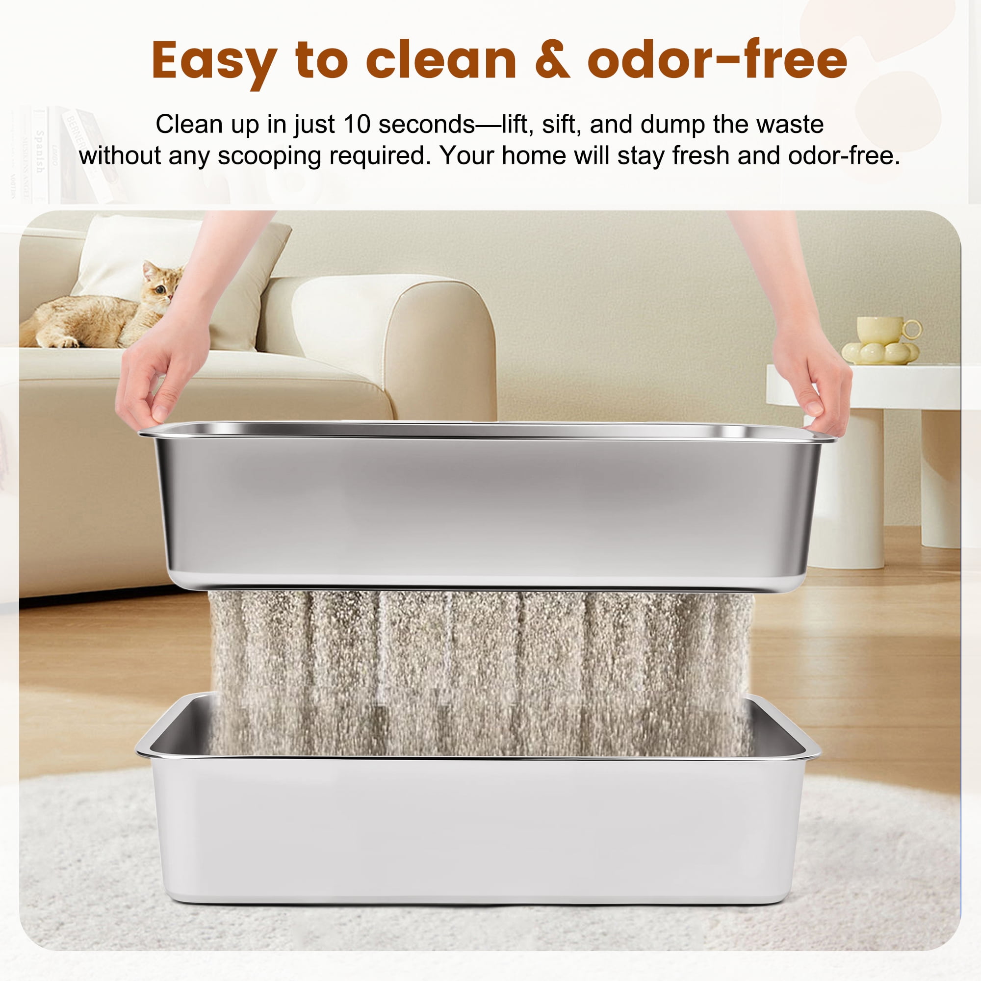 Topyangs Extra Large Stainless Steel Sifting Cat Litter Box, Silver