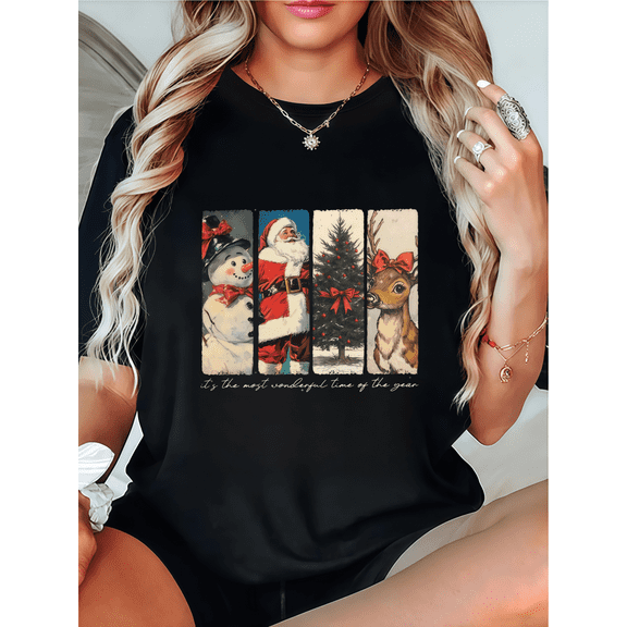 Black Vintage Christmas T-Shirt, Santa Snowman Reindeer Holiday Gift
