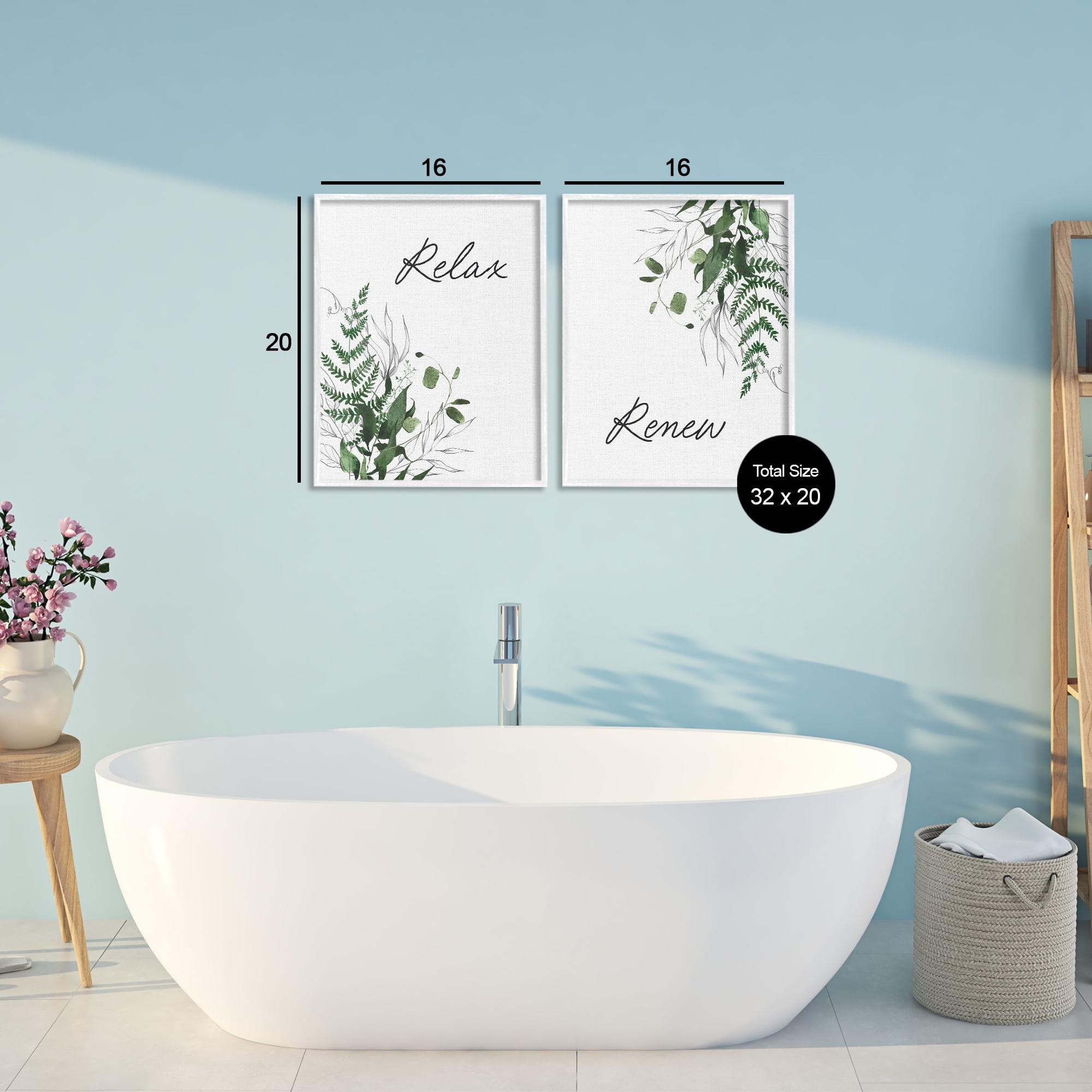 Relax Renew Botanical Leaves 2 Piece White Framed Giclee Art Set, design by Lettered and Lined