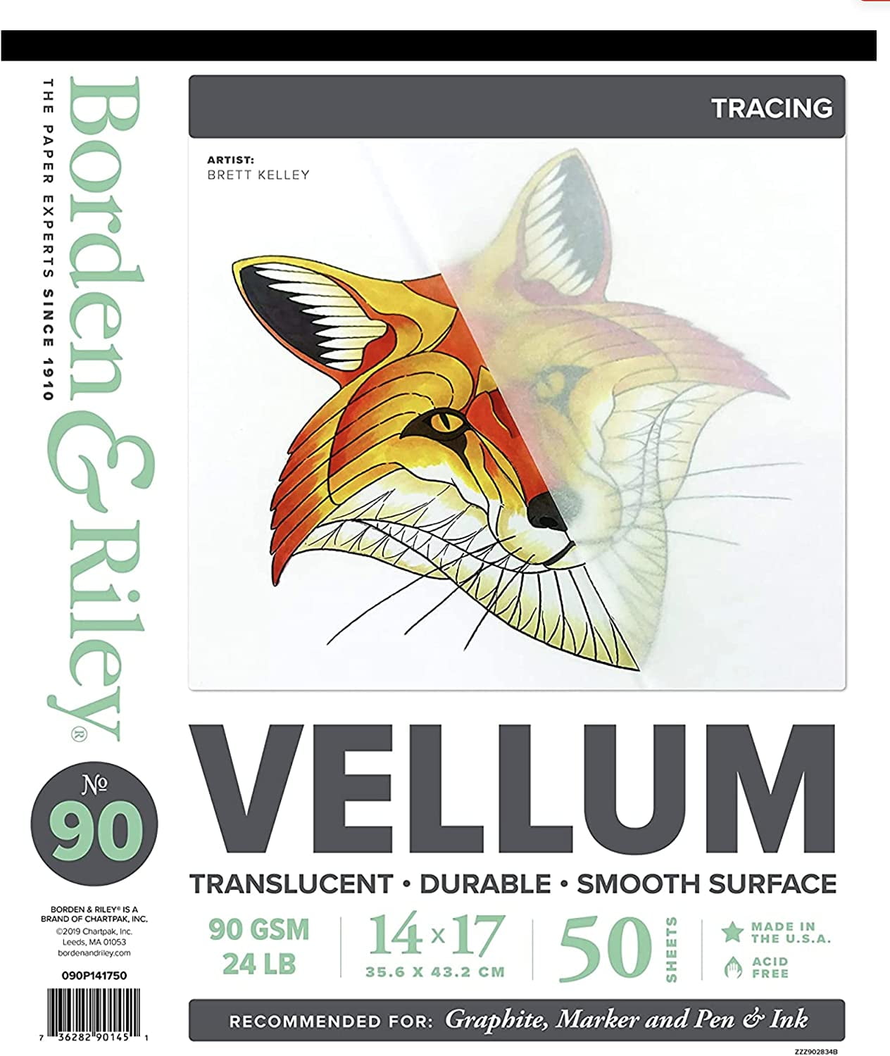 Borden & Riley #90 Sheer Trace Vellum Pad, 50 Sheets, 14" x 17"