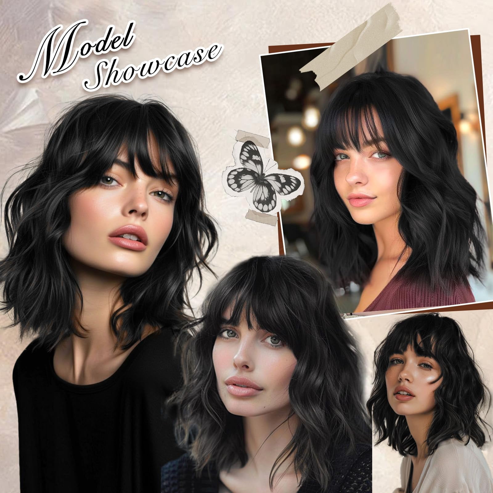 Wig with Bangs Short Bob Wigs for Women Shoulder Length Wavy Curly Wigs Synthetic Fiber Wigs 14 Inches for Daily Party Use