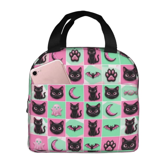 Black Cat Insulated Lunch Bag Reusable Lunch Box For Women Men Leakproof Thermal Meal Prep Tote With Front Pocket For Work Office Picnic Travel Beach