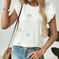 thumbnail image 4 of Drses‌‌ ‌‌‌‌‌‌‌‌‌‌‌‌‌‌‌‌‌‌‌‌Women's Pearl Bow Beaded Crew Neck T-Shirt - Ruffle Sleeve Short Sleeve Slim Fit Casual Top for Trendy Going Out Outfits, 4 of 7