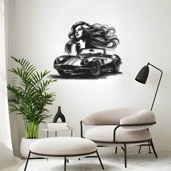 Woman & Retro Car Metal Wall Art Decor