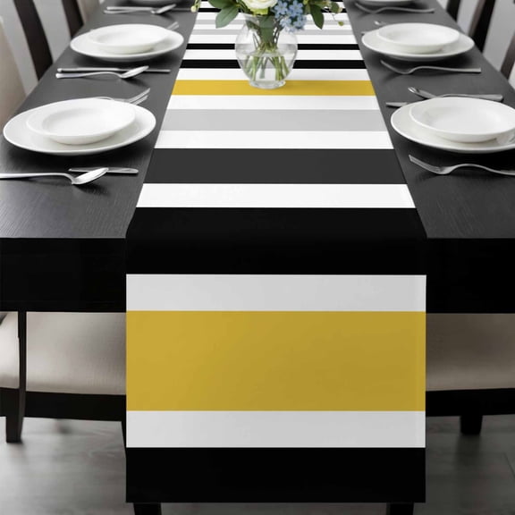 Yellow Black Stripe Table Runner 90 Inches Long, Modern Abstract Art Coarse Striped Kitchen Coffee Dining Table Decoration for Home Party Birthday Wedding Home Decor 13x90 Inches