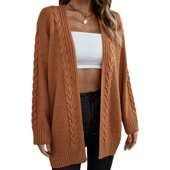 Women Knitting Cardigans Long Sleeve Hollow Out Open Front Chunky Knit Oversized Casual Loose Sweater Coat Light Tan L