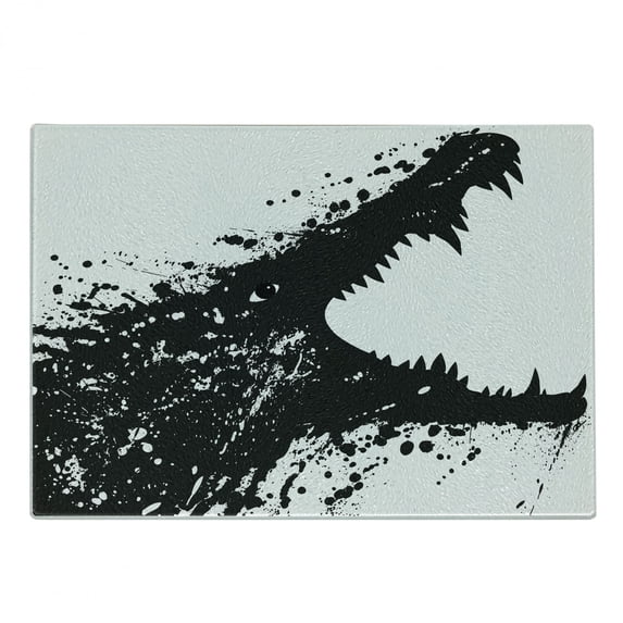 Safari Cutting Board, Black and White Crocodile Image with Grunge Drawing Style Attacking River Warrior, Decorative Tempered Glass Cutting and Serving Board, Small Size, Black White, by Ambesonne