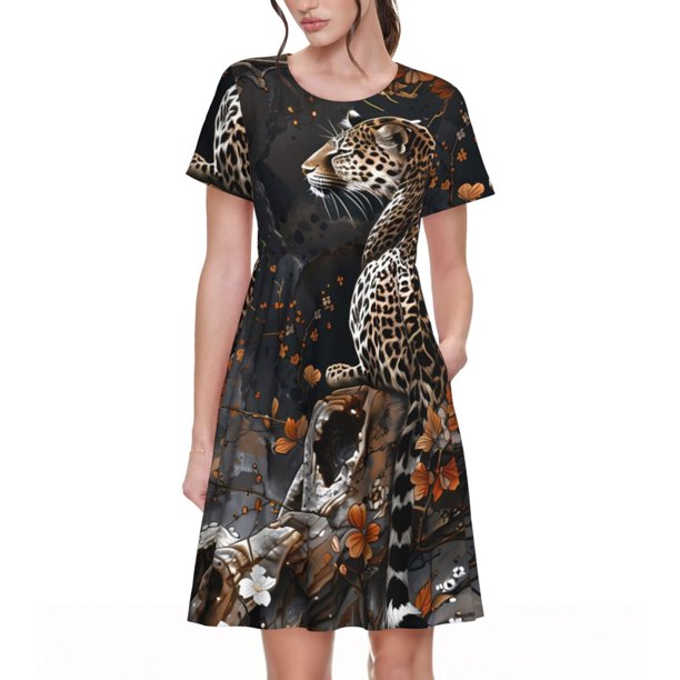 Balery Leopard On Tree Branch Vestidos sueltos de manga corta para mujer, vestidos de verano 2025, vestidos casuales de corte A con vuelo.