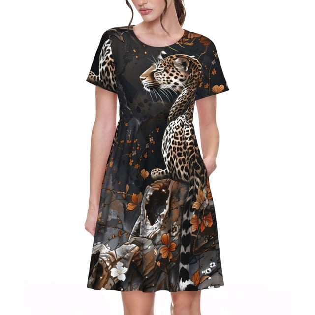 Balery Leopard On Tree Branch Vestidos sueltos de manga corta para mujer, vestidos de verano 2025, vestidos casuales de corte A con vuelo.