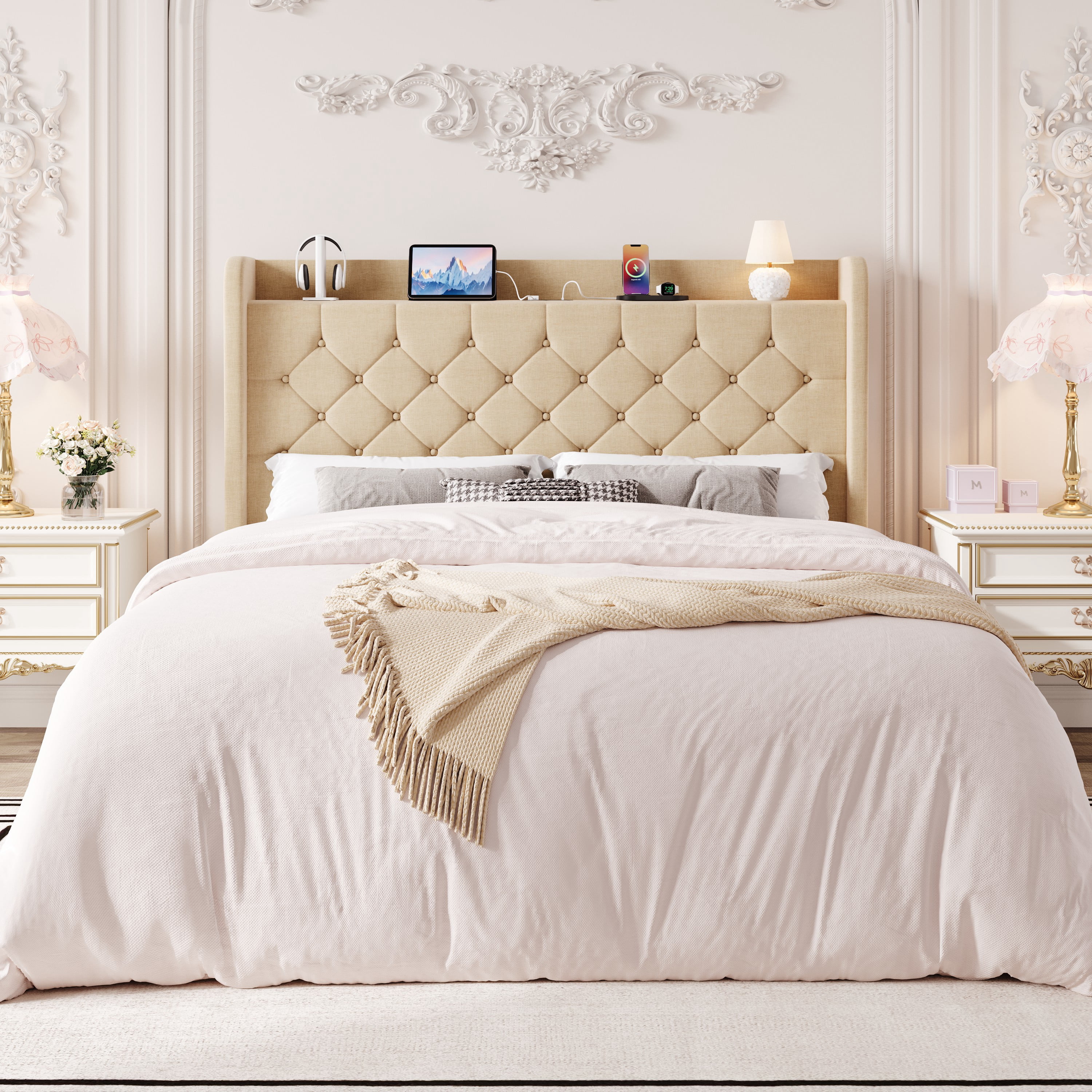 Einfach Full Bed Frame, Upholstered Platform Bed with Storage Wingback Headboard and Fast Charging Hub, No Box Spring Required, Beige