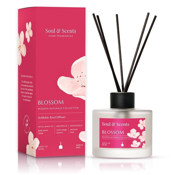 Soul & Scents Reed Diffuser Set-Blossom, 4.1 oz Scented Oil with 6 Fiber Sticks, Long-Lasting Home Fragrance for Bedroom, Bathroom, Office