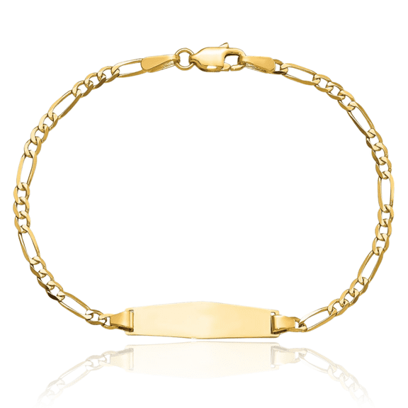 14K Solid Yellow Gold Soft Figaro Link Name Bar Identification ID Bracelet