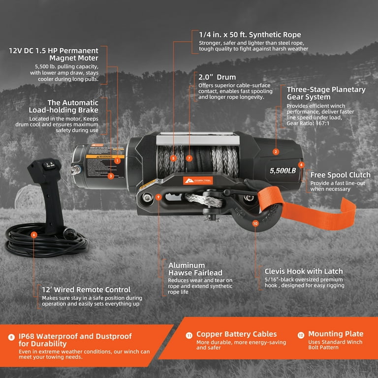 Ozark Trail 5500LB UTV Electric Winch with Wired Remote, Mounting