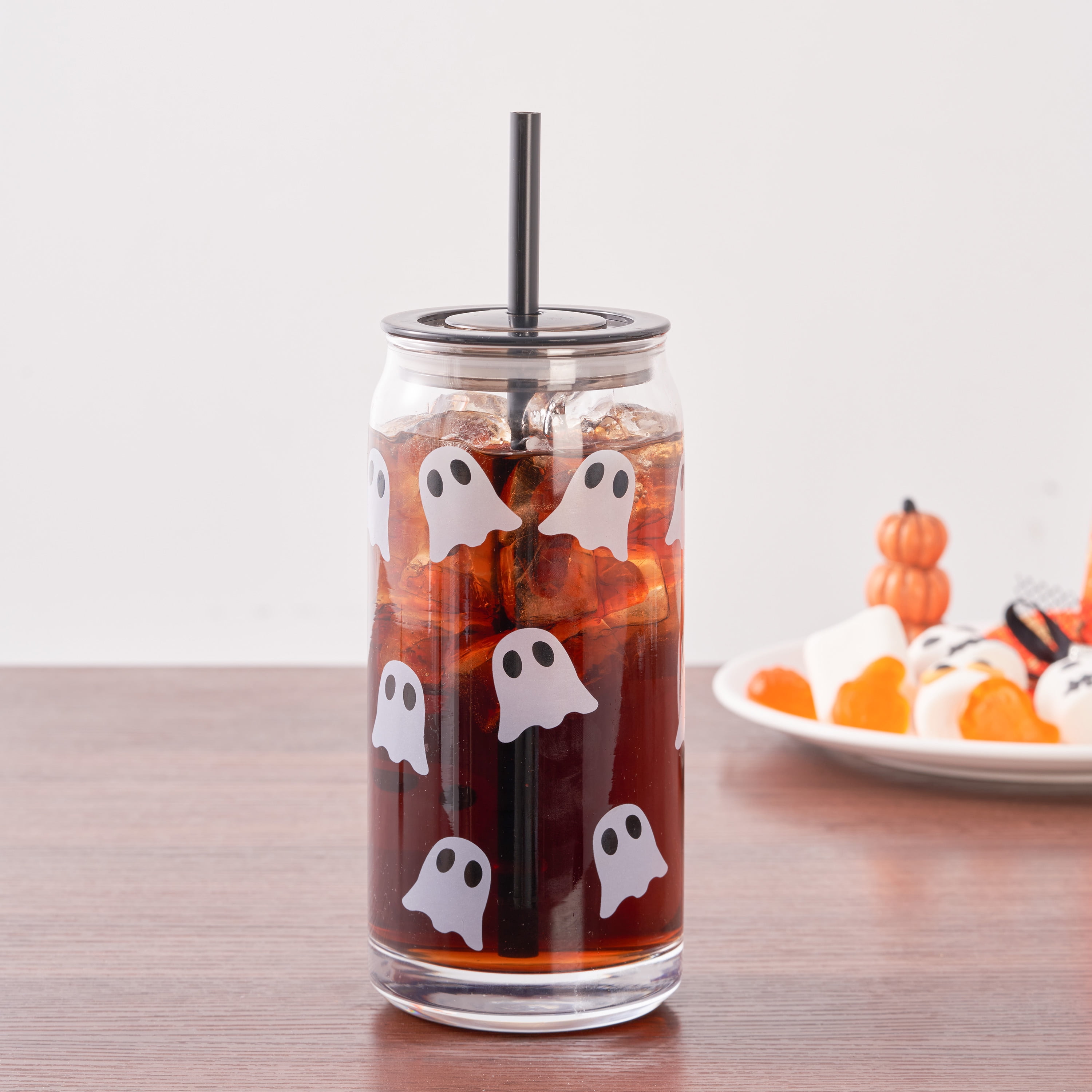 Way To Celebrate Glass Can Sipper, 20 oz, Halloween Ghost