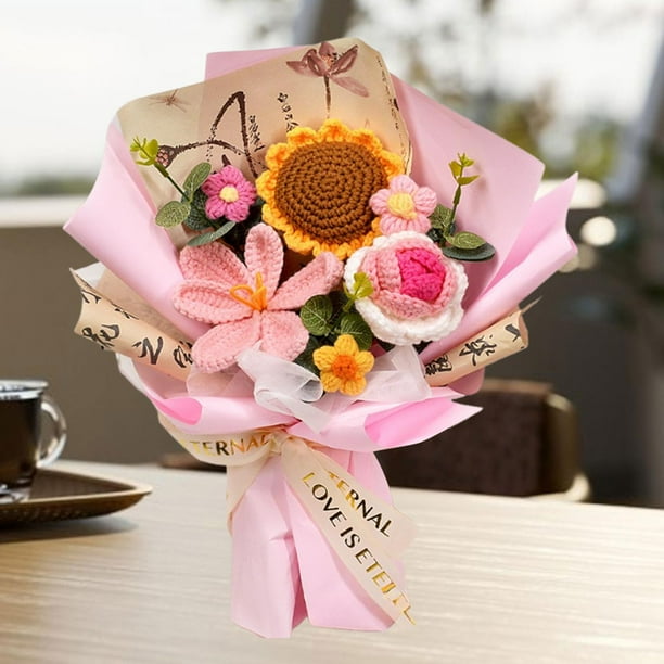 Crochet Flower Bouquet Flores de punto Decoración de la oficina en casa, regalo del Día de la Madre de su hija para el día de la maestra su novia Tulipán rosa