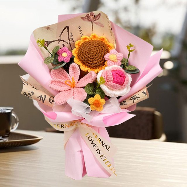 Crochet Flower Bouquet Flores de punto Decoración de la oficina en casa, regalo del Día de la Madre de su hija para el día de la maestra su novia Tulipán rosa