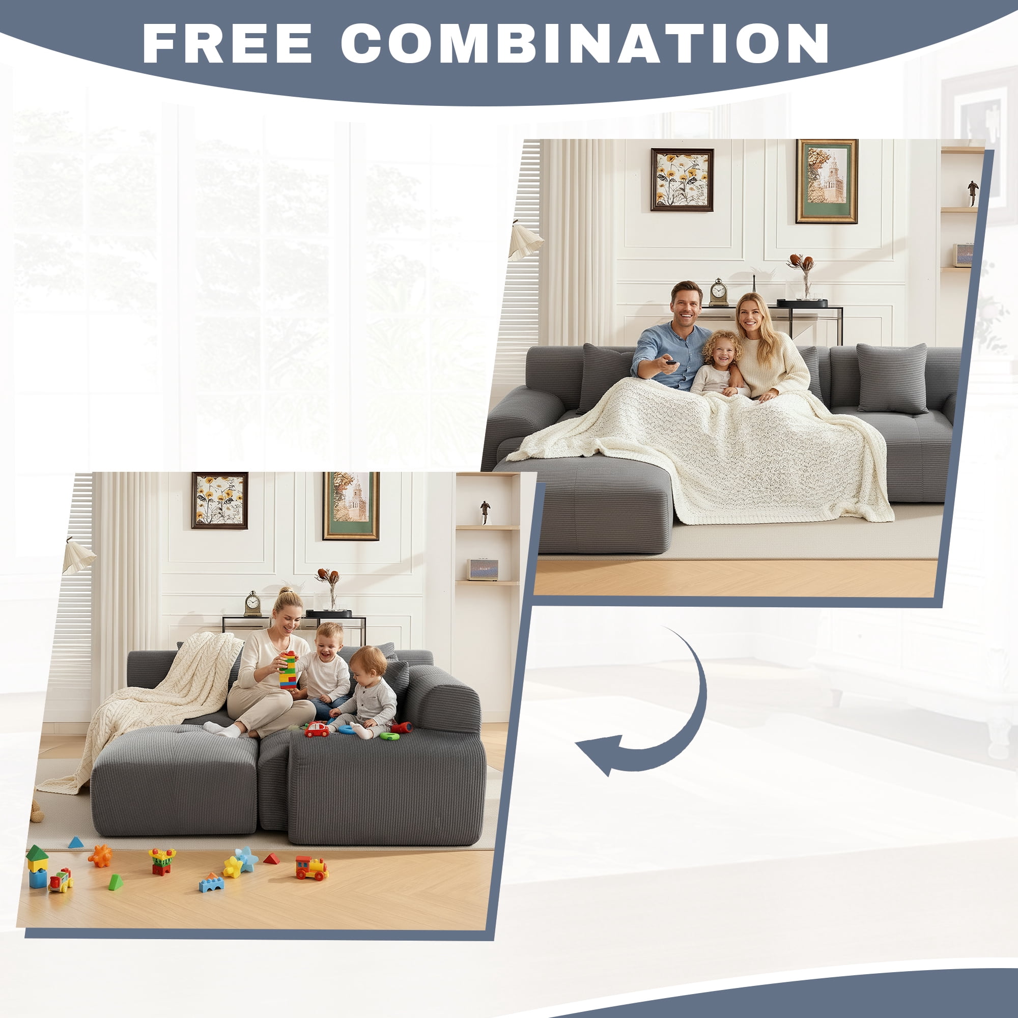 GAOHAPY 107"Modern L Shaped Modular Sectional Sofa, Oversized Corduroy Couch Deep Seat, Boneless Cloud Couch with Ottoman, 30D Sponge for Indoor Living Room, No Assembly Required(Dark Grey)