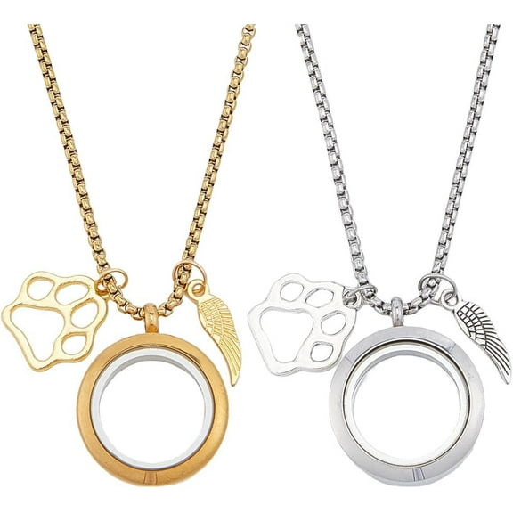 2Pcs Pet Hair Memorial Necklace Stainless Steel Fur Ashes Keepsake Necklace Clear Glass Locket Necklaces with Wing & Paw Cat Dog Urn Picture Memorial Jewelry