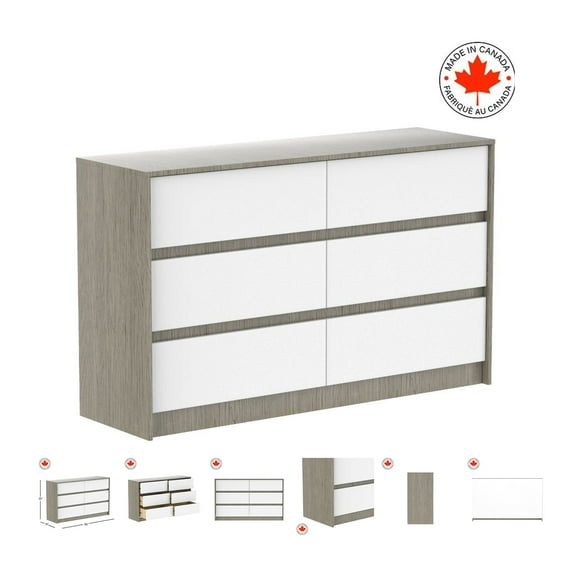 Alex Double Dresser, 6 Drawers, Grey and White
