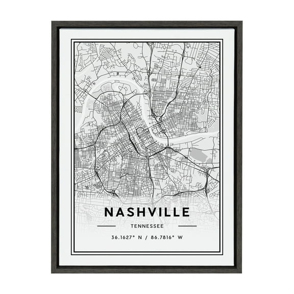 Kate and Laurel Sylvie Nashville Modern Map Framed Canvas Wall Art by Jake Goossen, 18x24 Gray, Decorative Map Art for Wall