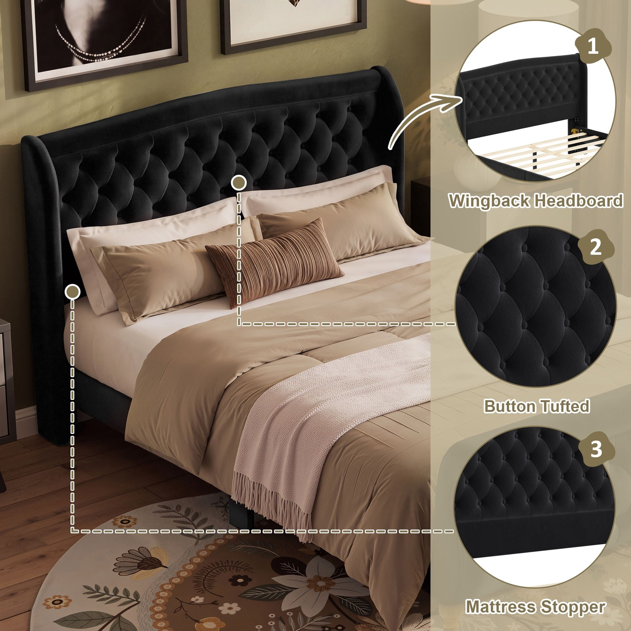 GDF Studio Orlan Queen Size Velvet Upholstered Sleigh Platform Bed Frame with Wood Slat Support, Modern Design, Black