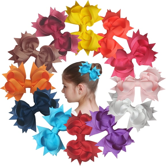 JoyBowie 12 Pcs 3.5 Inch Layered Hair Bows Clips Grosgrain Ribbon Starburst Edge Solid Color Hair Accessories for Girls Toddlers Kids