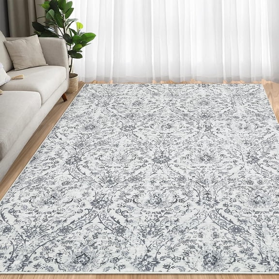 Vintage Floral Area Rug 5' x 7' Non-Slip Washable Non-Shedding Low-Profile Polyester Floor Rug - 复古花卉5'x7'防滑可水洗地毯, Beige