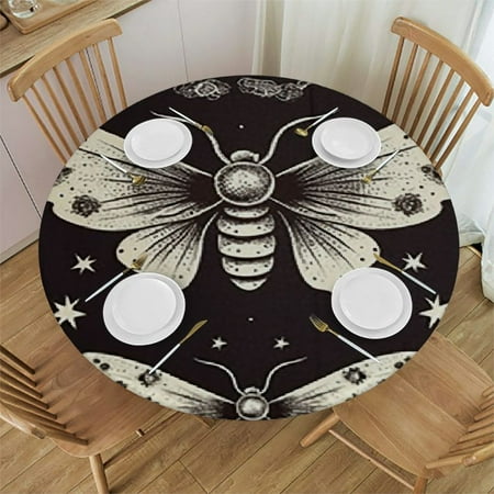 

BCIIG Moth Crescent Moon Stars Round Table Cover Stain Resistant Washable Indoor Outdoor Tablecloth Kitchen Dining Wedding Parties 100% Polyester Fiber 46 -50