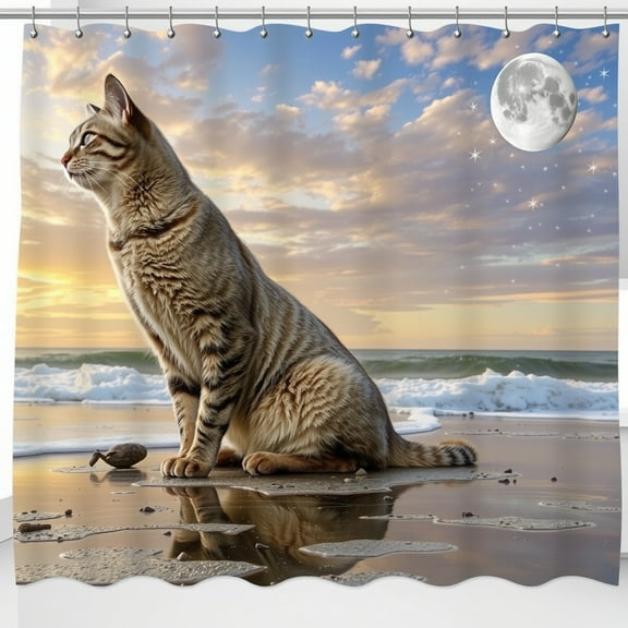 Tabby Cat Beach Sunset Shower Curtain - Ocean Waves & Full Moon Design for Cat Lovers