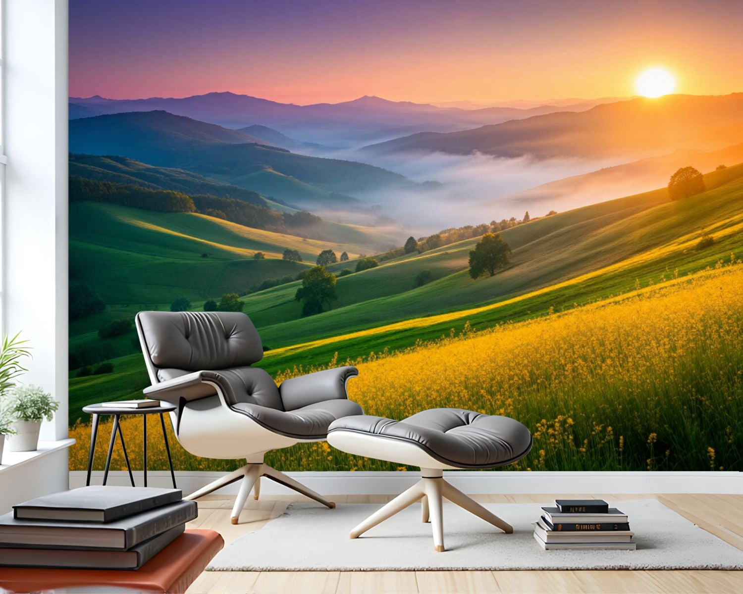 69"x98" Wall Mural Peel and Stick Wallpaper Serene Mountain Valley Sunrise Misty Hills Vibrant Wall Decor Self Adhesive Removable Wall Stickers for Bedroom Living Room
