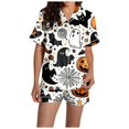thumbnail image 4 of Xmyrz Womens Pajama Sets 2Pc Pumpkin Ghost Print Button Up Shorts Set Casual Halloween Silk Satin Short Sleeve Sleepwear Pj Clothes Sets, 4 of 7