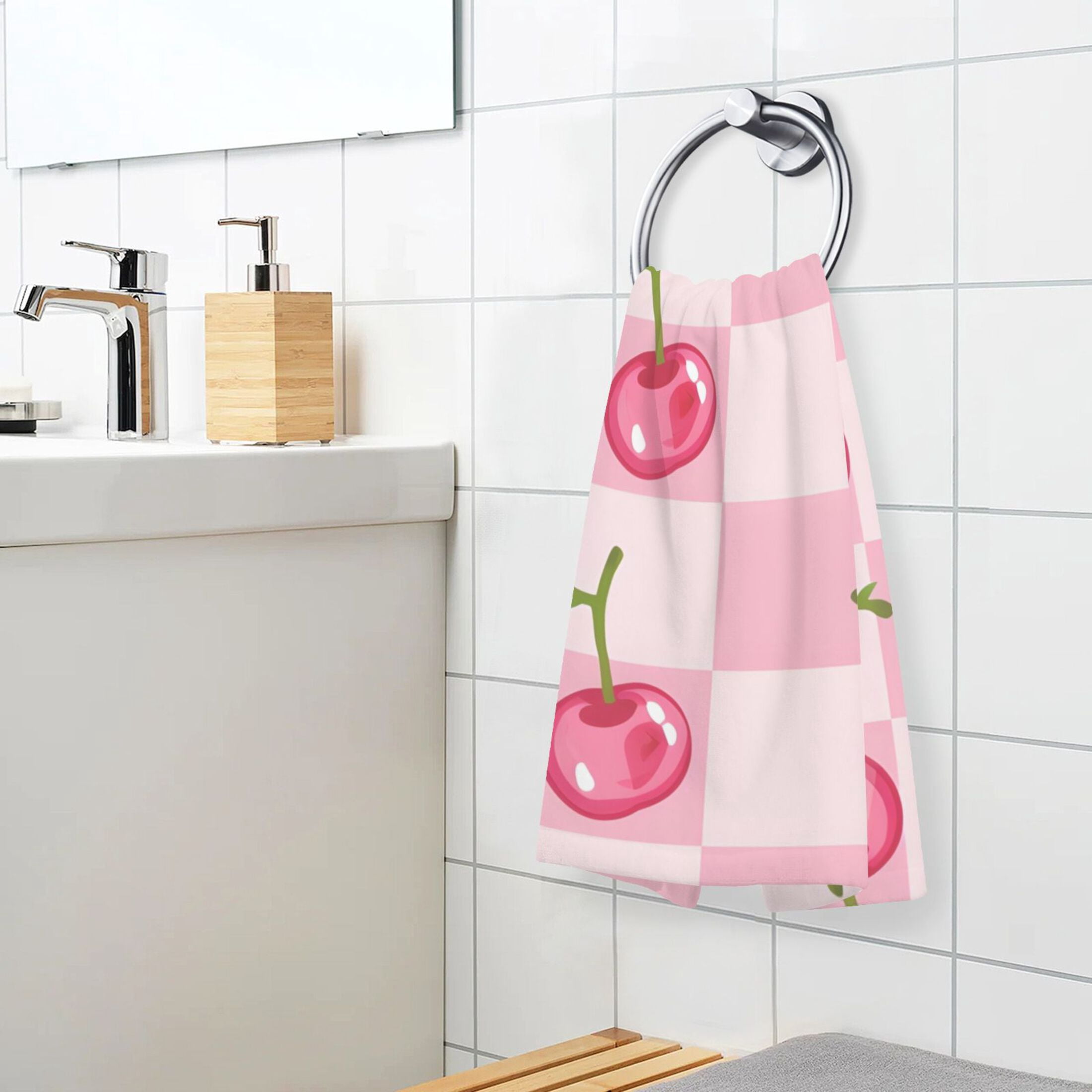 Cherry on Gingham Check 2 Pcs Hand Towel Set Cotton Absorbent Soft Face Towels Bath Towels for Bathroom Kitchen Shower Hotel Decor 16"x28"