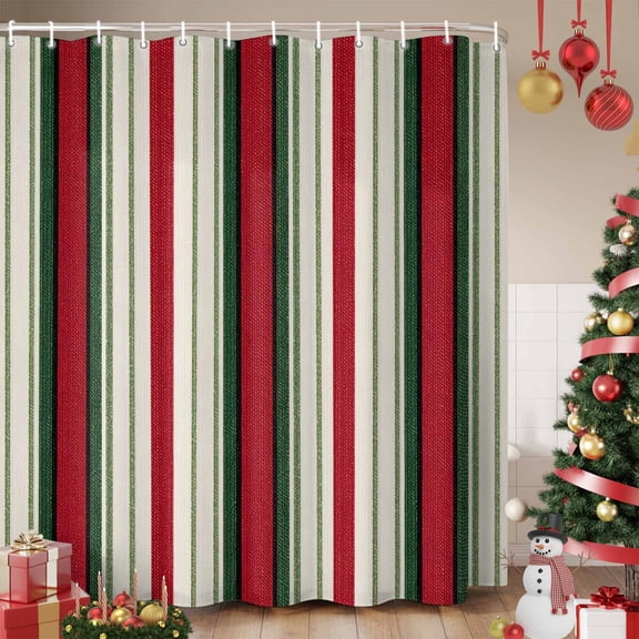 Christmas Shower Curtain, Green Red Beige Striped Farmhouse Lines Waterproof Fabric Shower Curtains with 12 Hooks, Bathroom Curtain Set for Bathroom Accessories Decor, 72 x 84 Inches